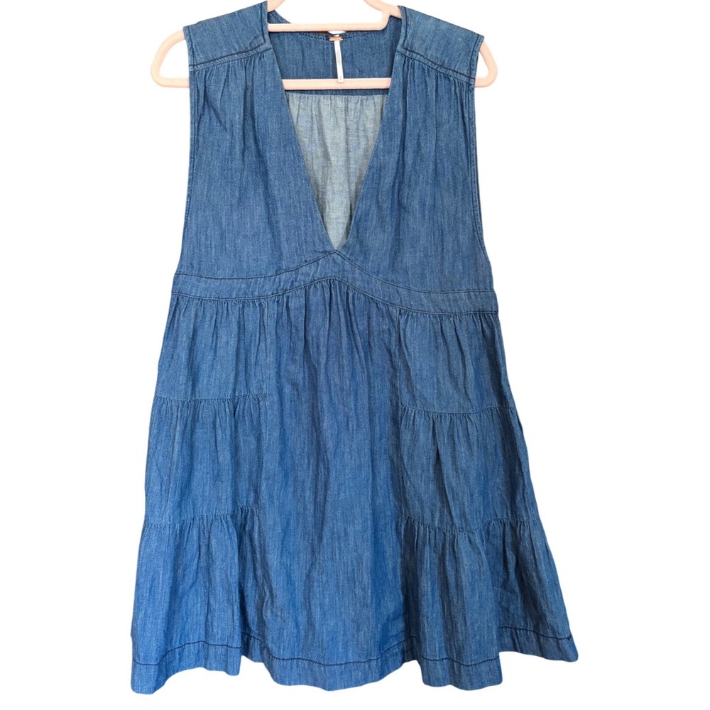 Free People Denim Mini Dress Blue‎ Cotton Linen Sleeveless Tiered Boho Small